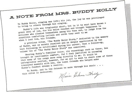A note from Mrs Buddy Holly.